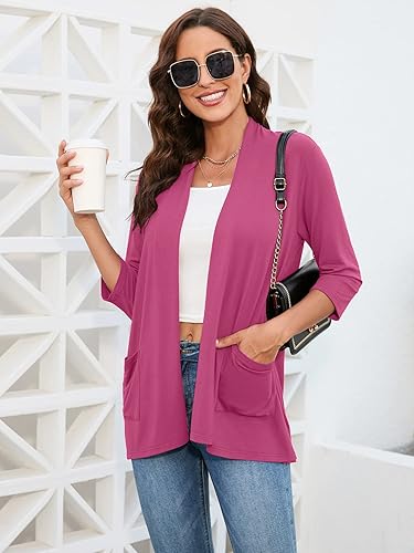Miniatura 4 de HIYIYEZI Cárdigan ligero casual para mujer con bolsillos, manga 34, parte delantera abierta