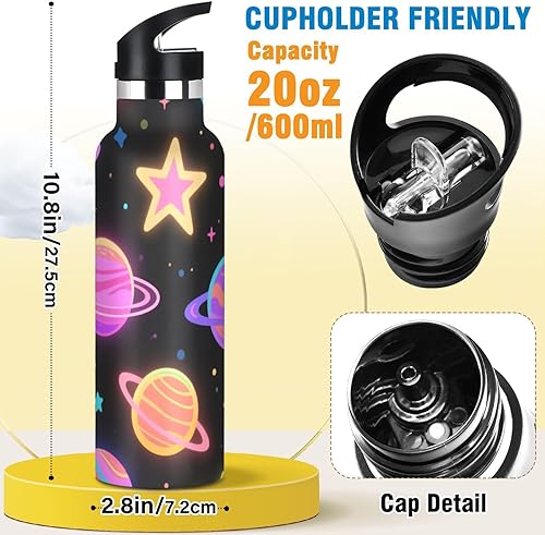 Miniatura 2 de Botellas de agua fluorescentes con diseño de estrellas y planetas a prueba de fugas y sin BPA con tapa con pajilla, botellas aisladas al vacío de