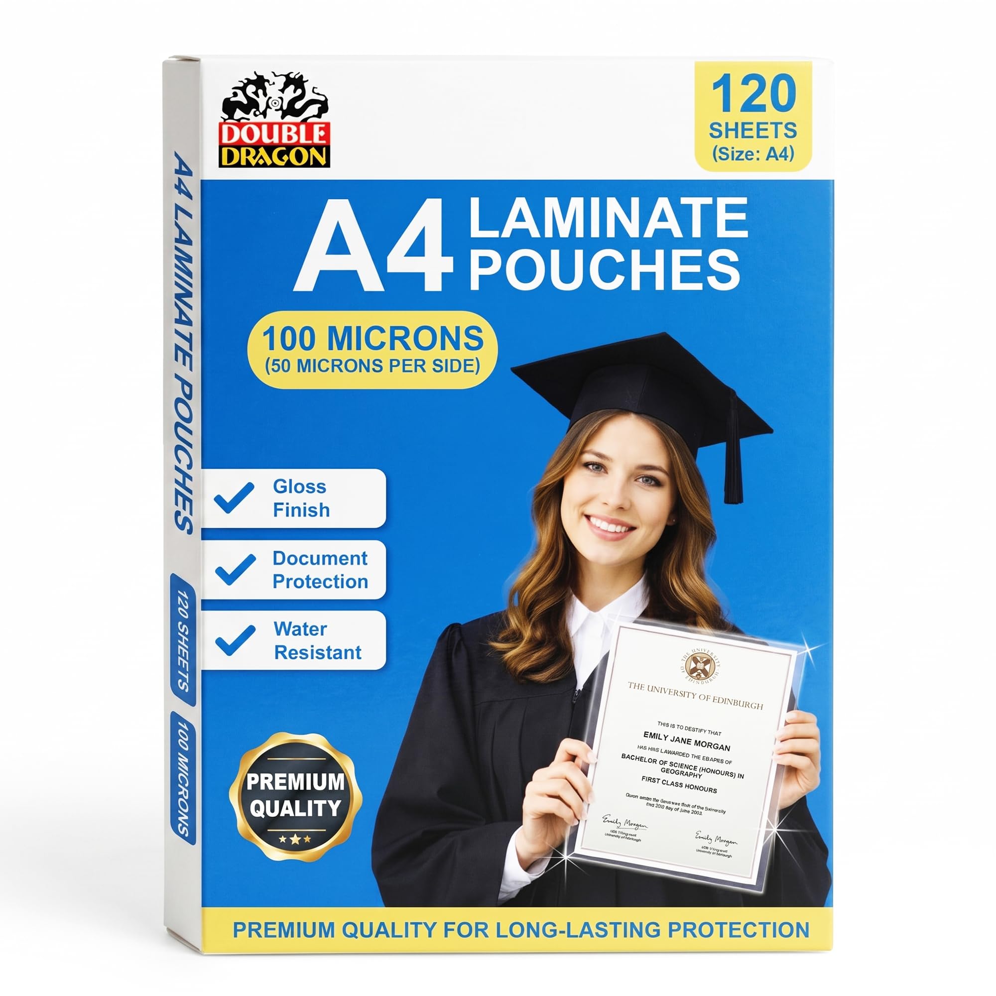 Pack of 120, Double Dragon A4 Laminating Pouches, 100 Micron Thick | Gloss Finish & Durable | Long-Lasting Protection for Documents | Premium, Water-Resistant Laminating Sheets for Certificates