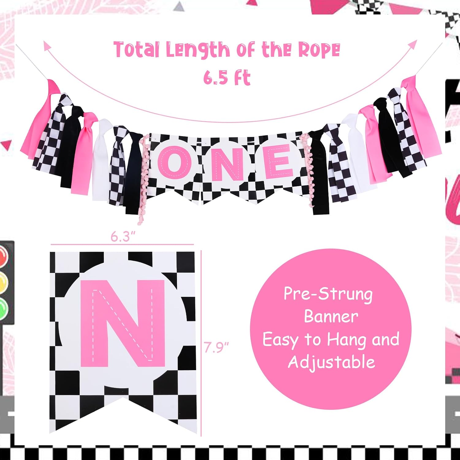 Fast One Birthday High Chair Banner - Pink Black Race Car 1st Birthday Party Decorations, Girl, One Year Old Baby Photo Props Souvenir Gifts, Racing Car Party Supplies