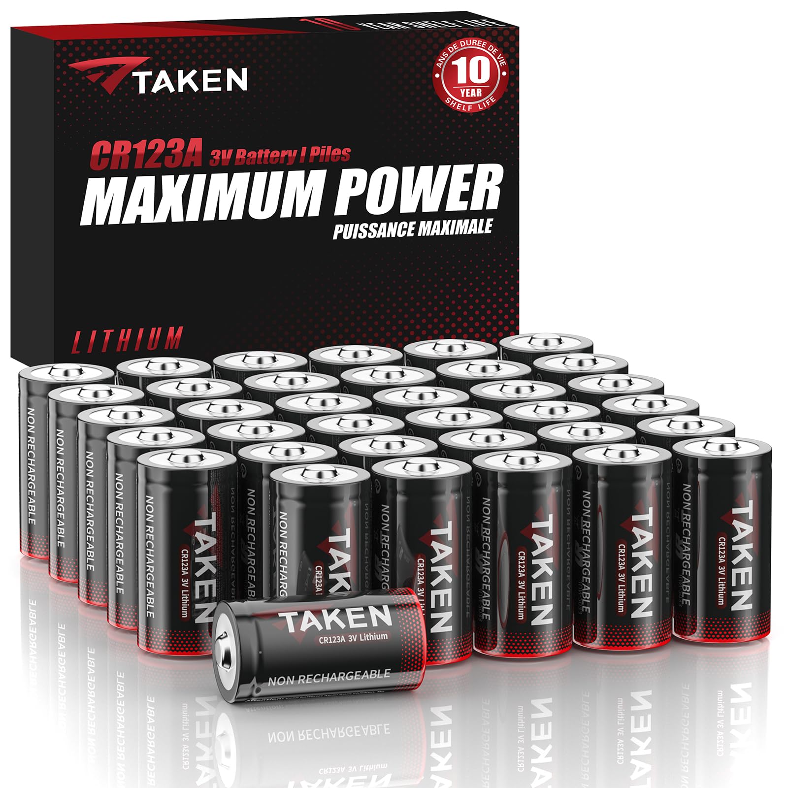 TakenCR123A Battery, CR123A 3V Lithium Battery for Camera, Flashlight, Alarm System, Security Device, Microphone 36 Pack (Non-Rechargeable)
