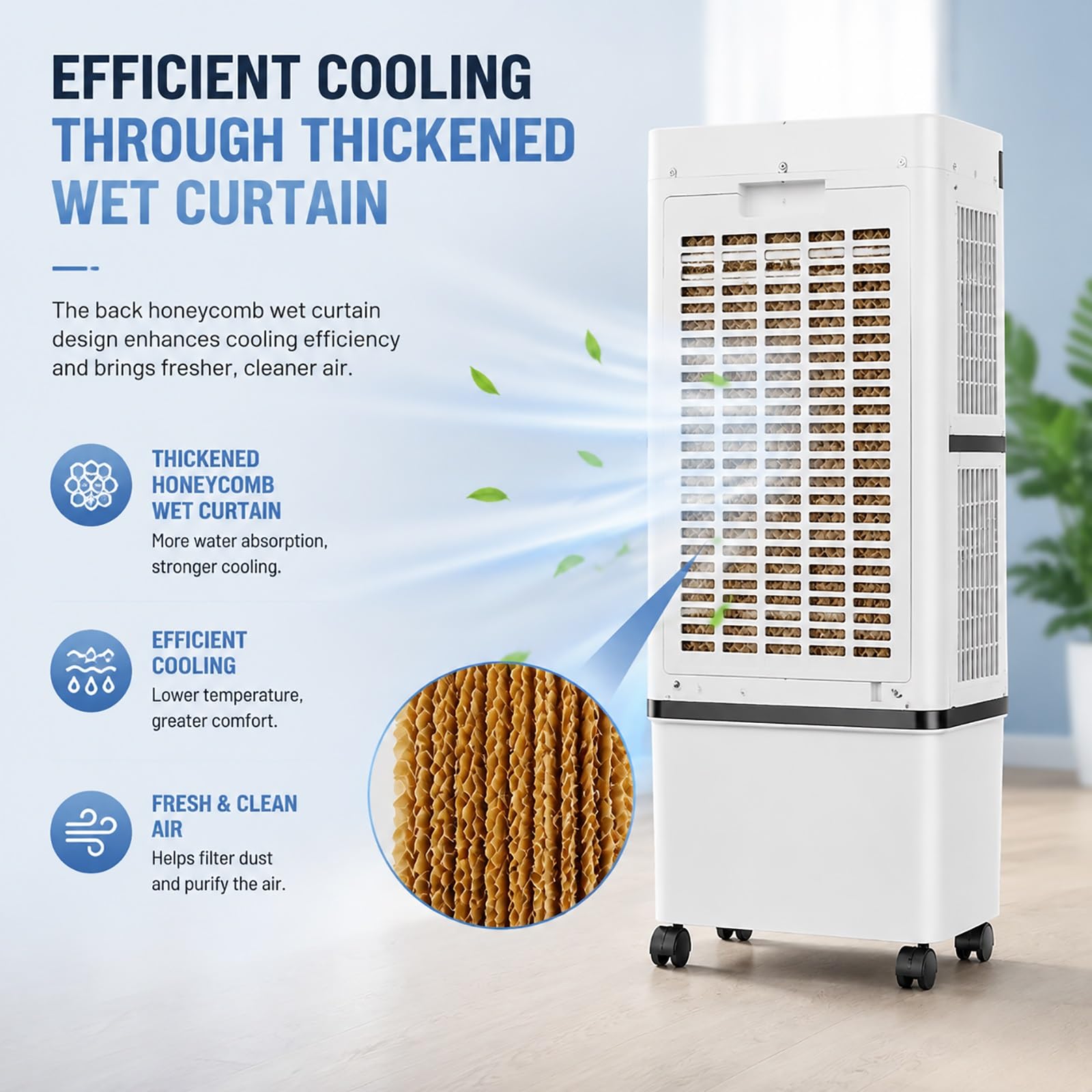 Climatizador Evaporativo Silencioso de 14 L, Temporizador de 12 Horas | Control Remoto, 3 Velocidades, 1200 CFM, 4 Paquetes de Hielo, para Oficinas en Casa