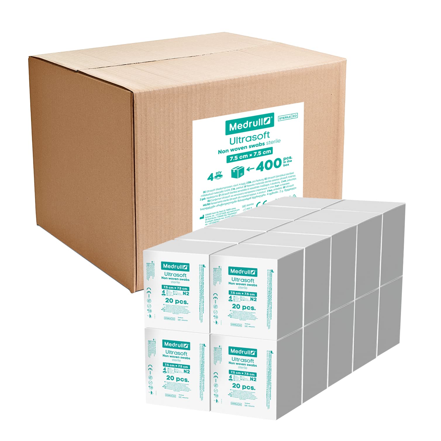 Medrull Impacchi non tessuto STERIL ULTRASOFT – 4 strati – 7,5 cm x 7,5 cm – Confezione 2 pezzi – 20 sacchetti di carta (40 pezzi) x 20 scatole