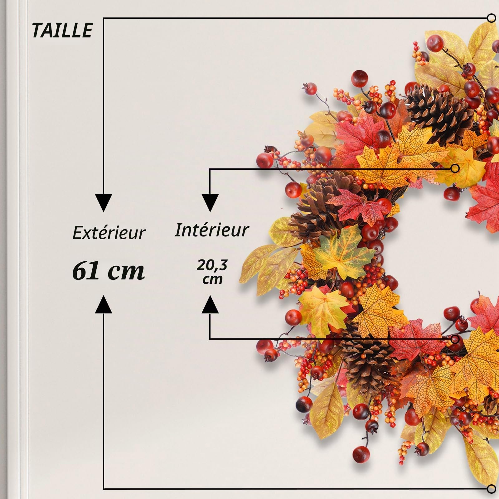 Couronne d'automne de 61 cm - Grandes pommes de pin artificielles en érable pour porte d'entrée, mur, fenêtre, fête de mariage, intérieur et extérieur, couronne d'automne pour la maison,