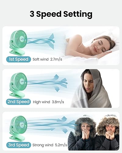Miniatura 6 de Gaiatop Ventilador portátil con clip, funciona con pilas, pequeño y potente de 3 velocidades, silencioso de rotación de 360, mini ventilador de