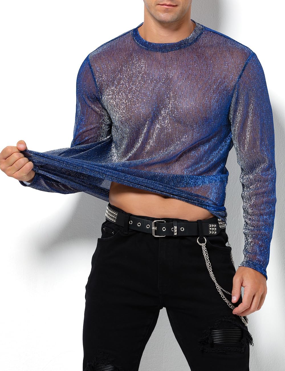 Casey Kevin Camiseta Transparentes Manga Larga Hombre Brillo Lentejuelas Rejilla Camisa Fiesta Plateada Brillante Ropa Sexy Top Fiesta Discoteca Punk Nocturno Jazz Rock Hip Hop Dance Clubwear