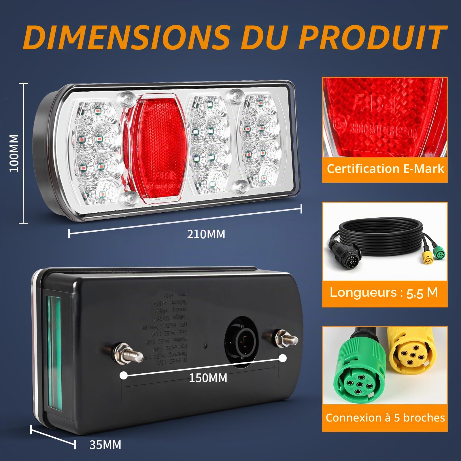 LED Feux Arrière x pour Remorque Kit, Connecteur Étanche 13 Broches 5,5 m avec Résistance Intégrée, 12V/24V Homologation E – pour Remorques, Camions, Caravanes