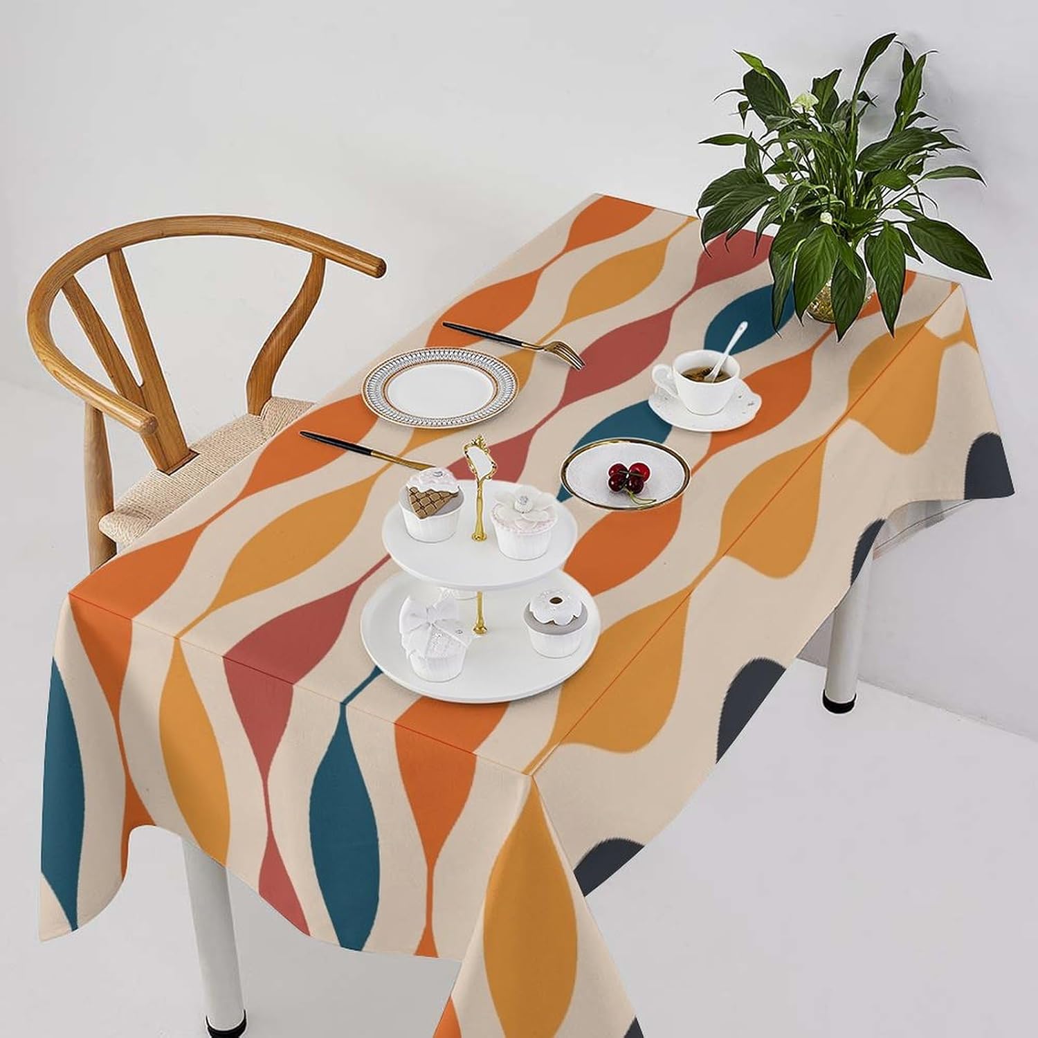 Mid Century Tablecloth, Groovy Retro 1960s Abstract Geometric Pattern Table Cloth Cover for Kitchen Dining Holiday Party Home Decor, Navy Blue Orange Red Rectangle(60x90in)