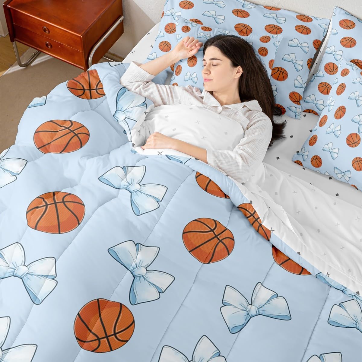 jejeloiu Basketball Bed in a Bag Blue Bow Comforter Set with Sheets for Kids Boys Girls Teens Gaming Sports 7 Piece Bedding Set Cute Bowknot Room Decor Queen Size Gift for Basketball Lover Soft