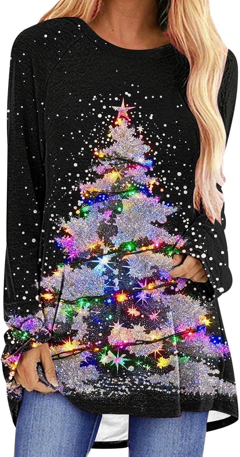 Christmas Shirts for Women Curved Hem Xmas Snowflake Print Tunic Tops Casual Loose Comfy Holiday Long Blouses