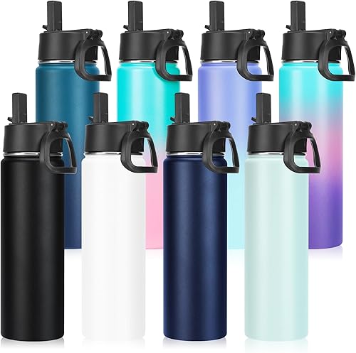 Miniatura 47 de Neihepal Botella de agua aislada de 22 onzas con tapa con popote, botellas de agua de acero inoxidable al vacío de doble pared a prueba de fugas,