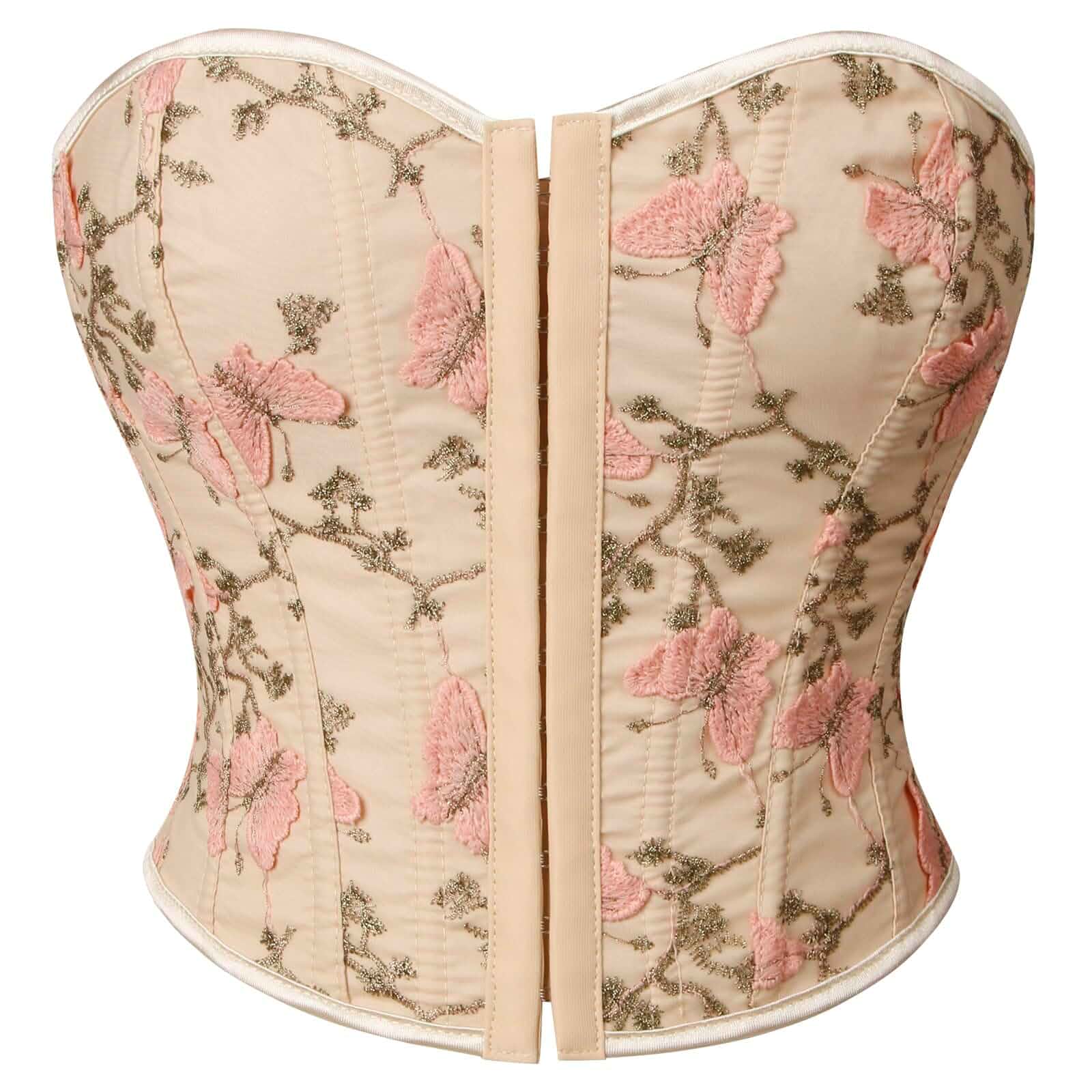 Kimring Women's Embroidered Floral Bustier Strapless Overbust Corset Top Butterfly Patterns, 14 Plastic Boned, Front Hook Eye Closure, Lace-up Back