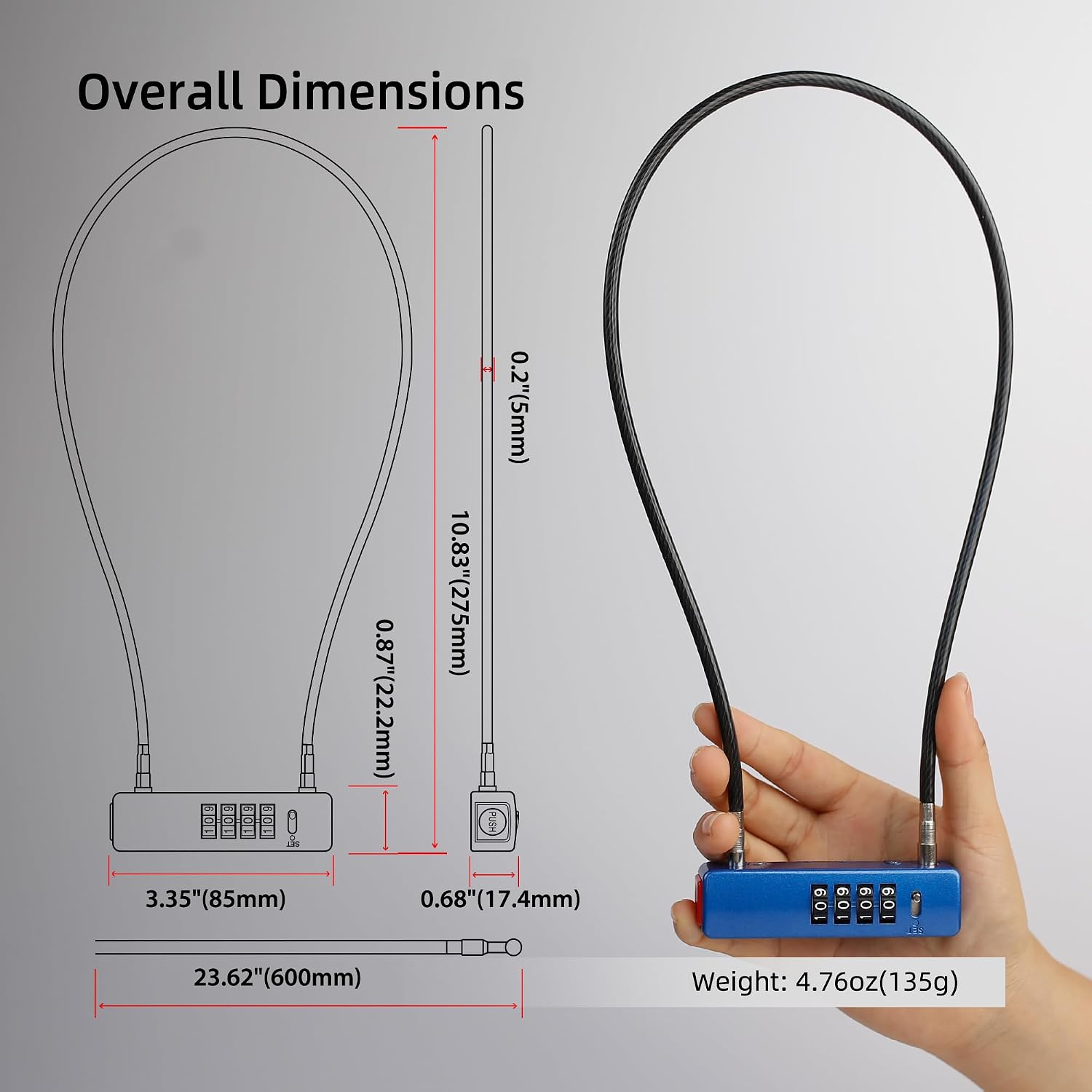 Combination Lock Outdoor, Bike Lock Cable with Combination, for Cable ULock for Kids Bike, Bicycle, Scooter, Motorcycle Helmet, Fridge, Cabinet Door, Fence Gate, Luggage, Bag, Travel Safe