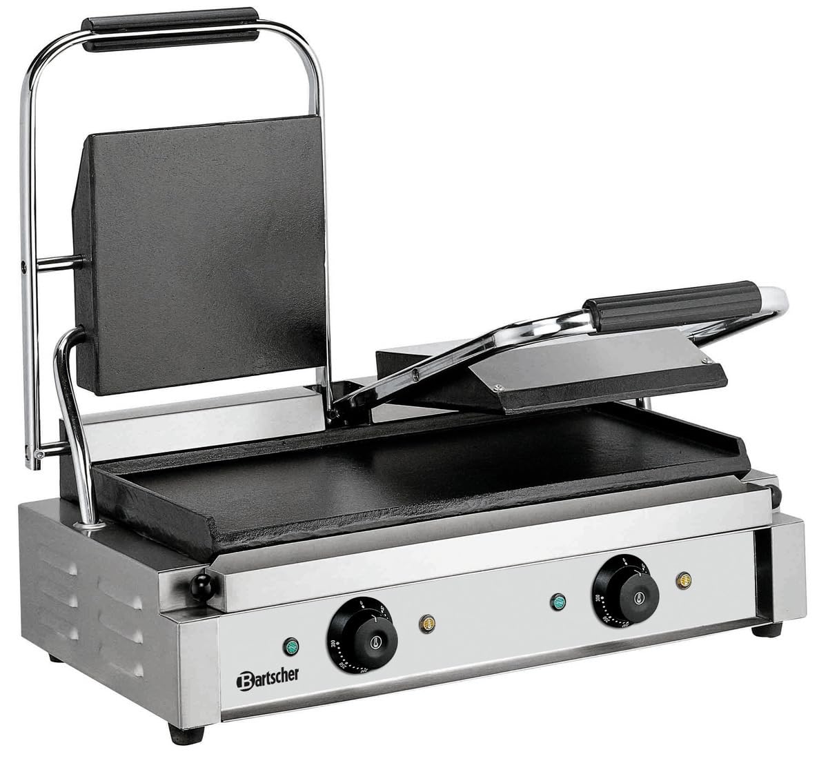 Bartscher Kontaktgrill 3600 2G aus Edelstahl mit glatter Gusseisen-Grillfläche, 2 separat regelbare Zonen, 3,6 kW, silbergrau, für Gastronomie