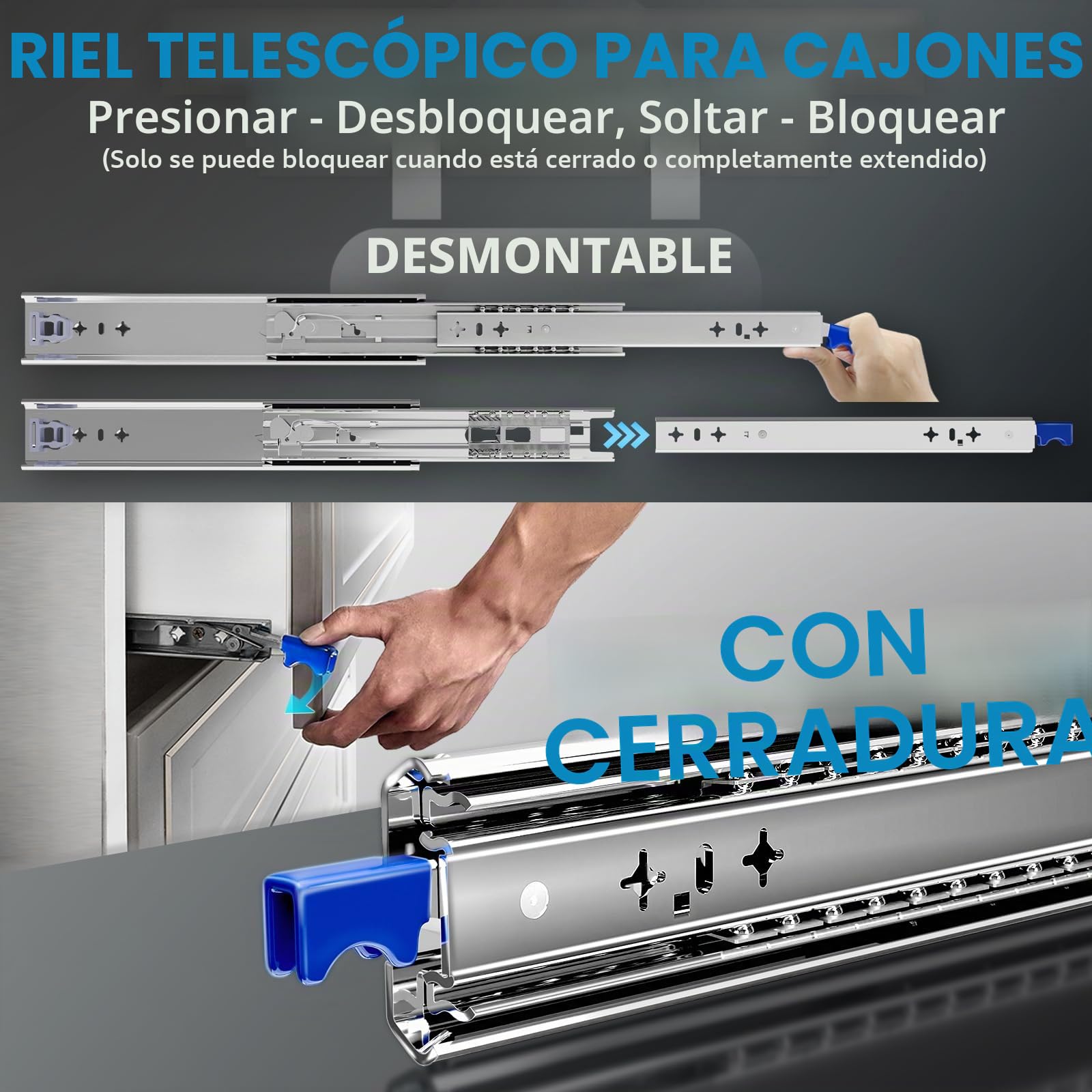 AOLISHENG Guias Correderas Para Cajones Con Freno 500mm Extensión Completa Para Trabajo Pesado Rieles Para Cajones 120 KG Capacidad Carga con cerradura 1 par (2 piezas)