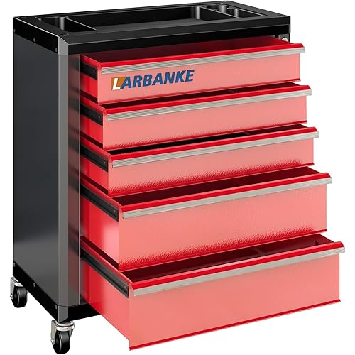 LARBANKE 5 Drawer Rolling Tool Chest with 360°Swivel Casters and Locking System,Tool Chest with Waterproof Multipurpose Top and Connecting Rods for Stacking with Same Series Tool Cabinet,Red&Black