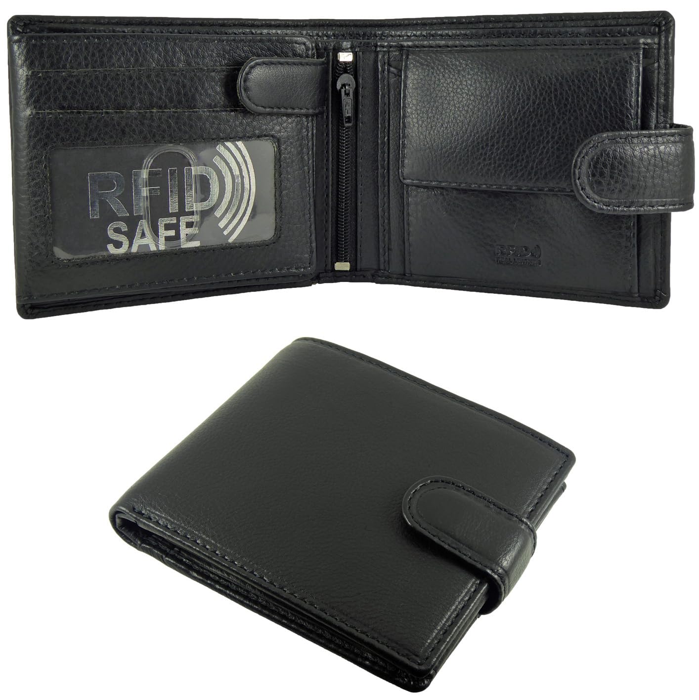 Real Leather RFID Wallet with 7 Card Slots, 2 Note Sections, Coin Pocket (Black)