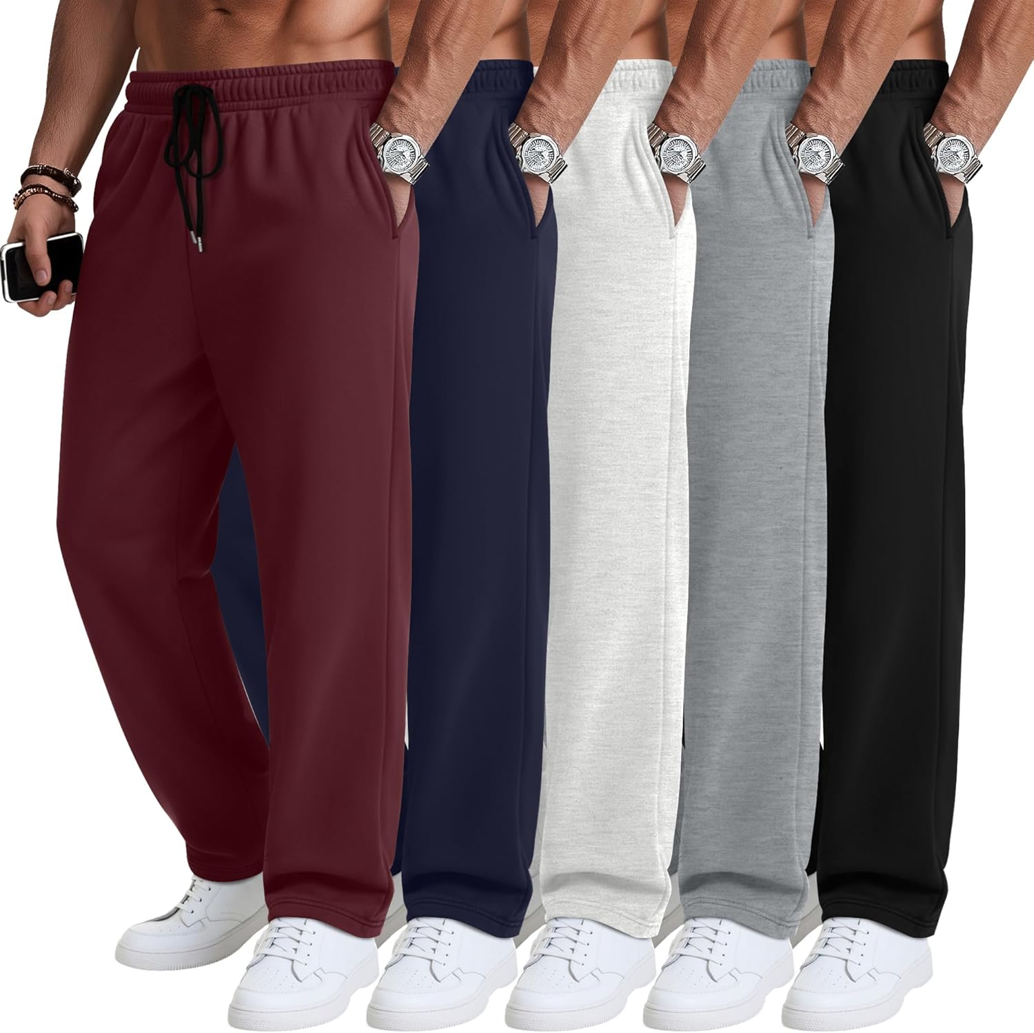 5 Pack Men's Baggy Sweatpants Straight Leg Open Bottom Joggers Elastic Drawstring with Pocket Athletic Pants