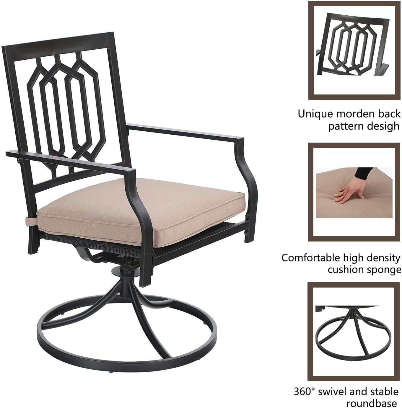 MFSTUDIO Classical Wrought Iron Patio Bistro Set,3 Piece Outdoor Dining Furniture with 2 Metal Swivel Chairs and 1 x Square Table with Umbrella Hole for Yard,Black