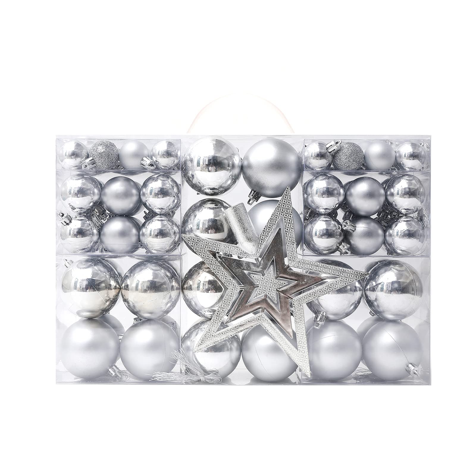 TKYGU 101ct Christmas Ball Assorted Pendant Shatterproof Ball Ornament Set Seasonal Decorations with Reusable Hand-Help Gift Boxes Ideal for Xmas, Holiday and Party (Silver)