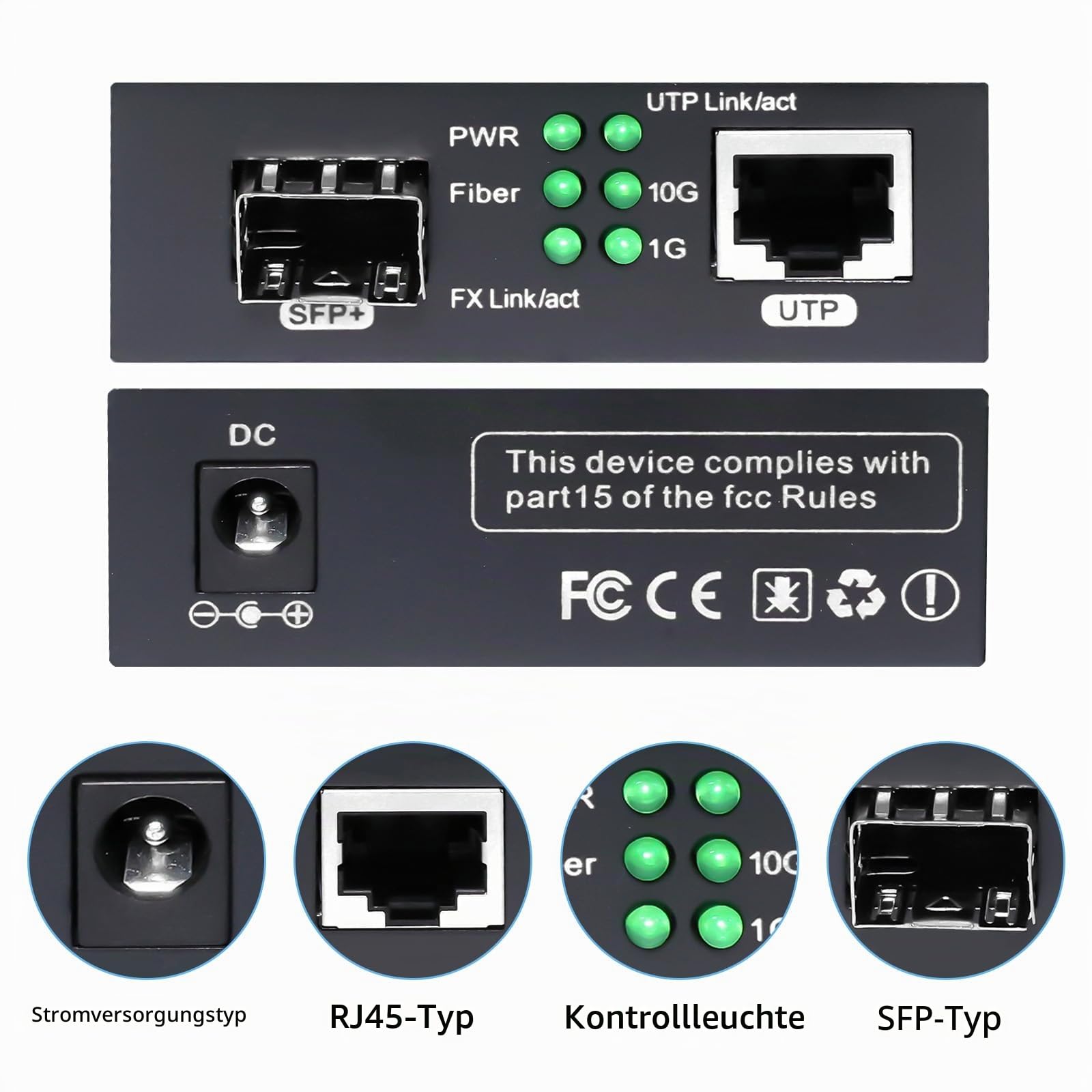 10G SFP auf RJ45 Ethernet Medienkonverter Glasfaser, 1x 100M/1G/2,5G/5G/10GBase-T RJ45 auf 1x 10GBase-X SFP+ Steckplatz, NDAA- und TAA-konform, Enthält Adapter und Bedienungsanleitung