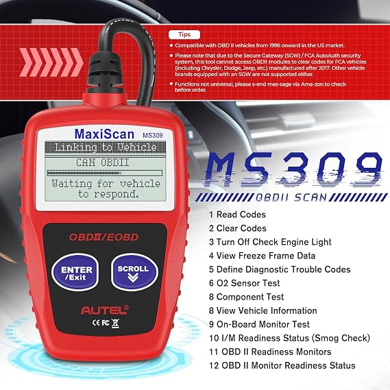 Autel OBD2 Scanner MS309 Universal Car Engine Fault Code Reader ، تحقق من ضوء المحرك وحالة مراقب الانبعاثات ، OBDII CAN أداة المسح التشخيصي