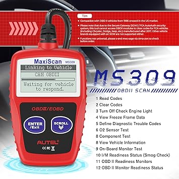 Autel OBD2 Scanner MS309 Universal Car Engine Fault Code Reader ، تحقق من ضوء المحرك وحالة مراقب الانبعاثات ، OBDII CAN أداة المسح التشخيصي