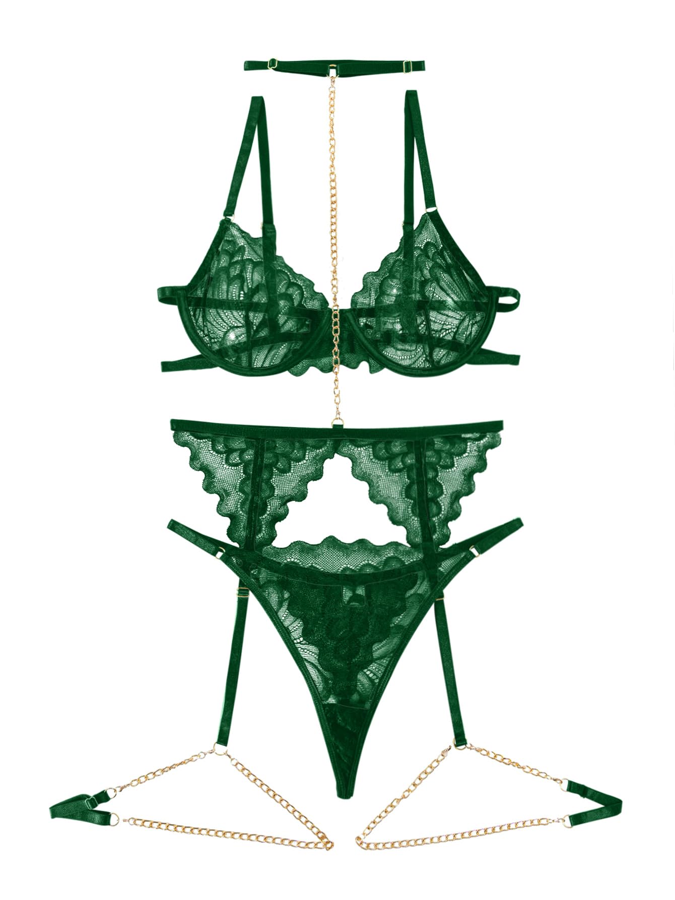 Lilosy Sexy Choker Floral Lace Scallop Sheer Underwire Push Up Garter Belt Lingerie Set 3 Piece: Medium Chain Army Green