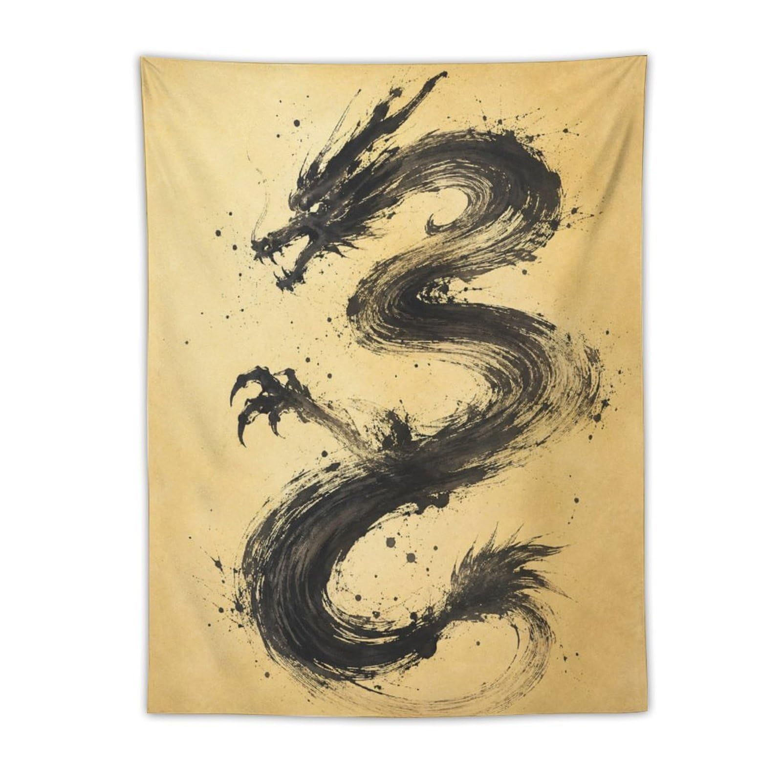 W7C8U2X3 Black Dragon Brushstroke Wall Tapestry, Asian Ink, Reading Corner