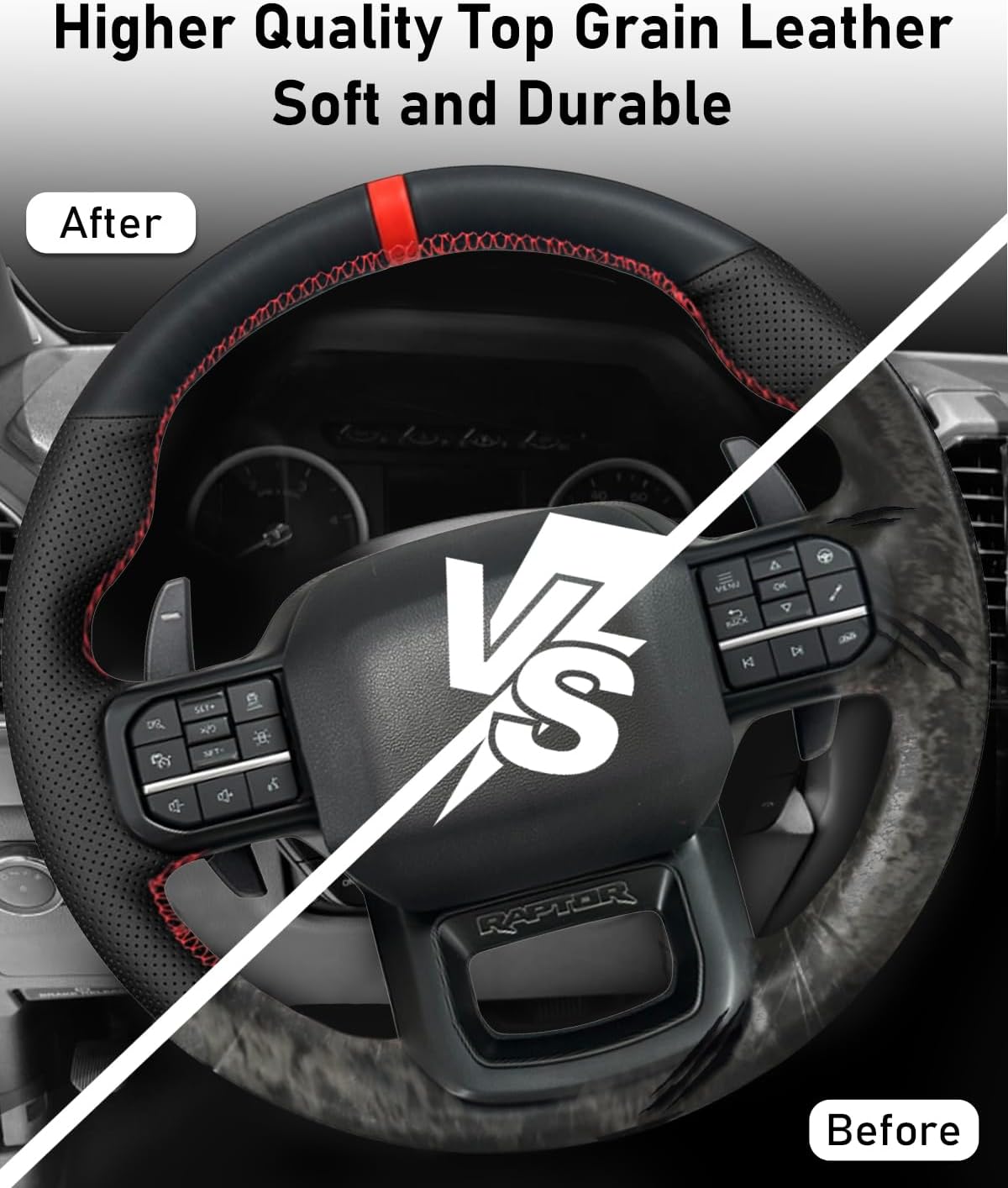 Belinous Leather Steering Wheel Cover, Hand-Stitch on Wrap, Steering Wrap Compatible with Ford F-150 Raptor 2021-2024 (Red)