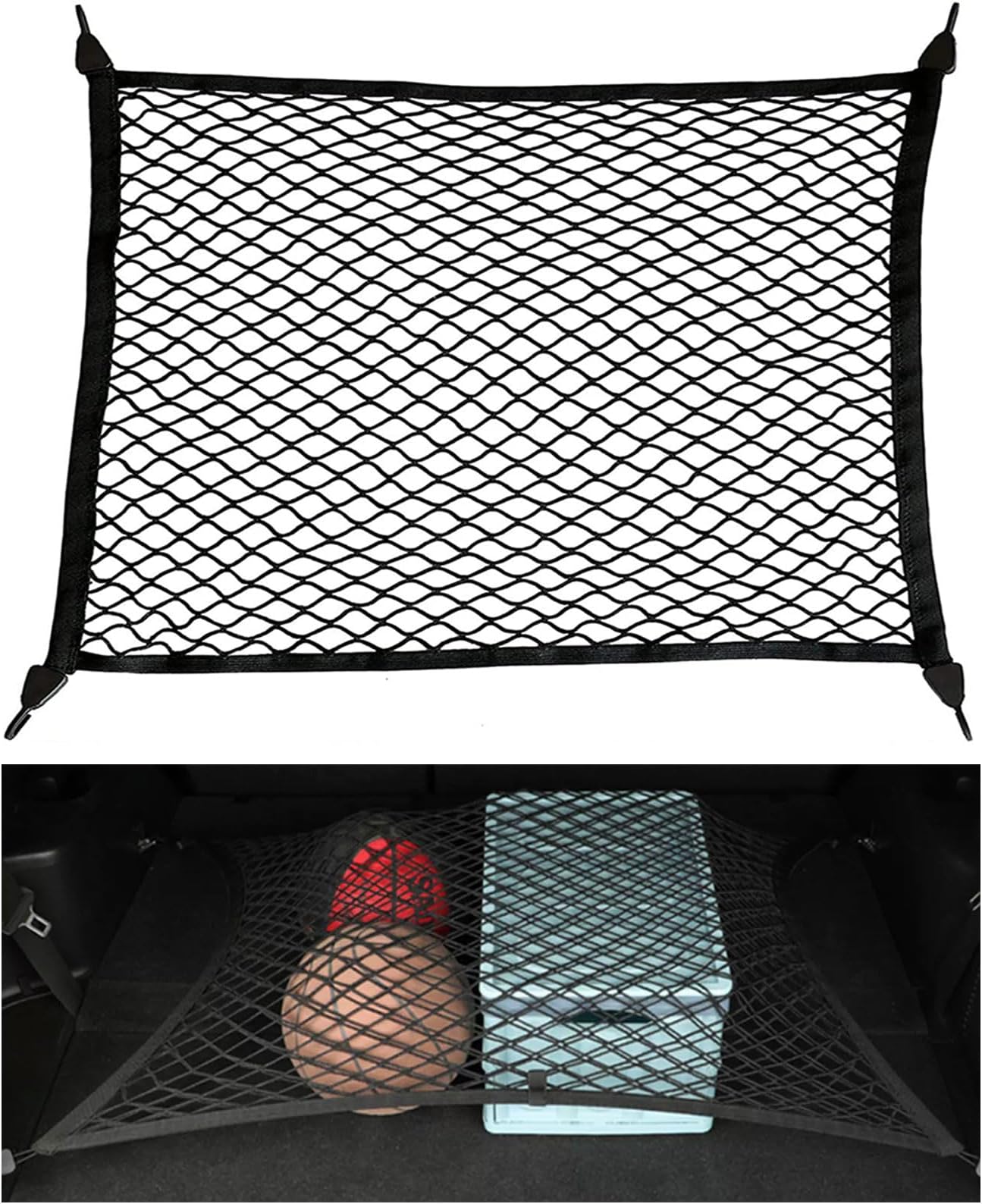 Kofferraumnetz Auto 100x80cm - Dehnbar Bis 210x140cm Mit 4 ABS Haken | Gepäcksicherung Für Meisten Autos