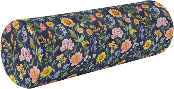 Bolster Pillow Yoga Neck Roll Pillow Small Round Pillows for Chairs Cylinder Throw Pillows for Couch Lower Back Support Pillow Spring Flowers Sunflower Iris Navy Blue