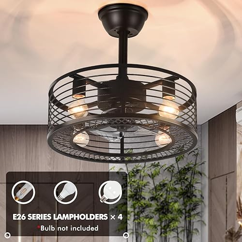 Miniatura 9 de KPIBEST Ventilador de techo rústico sin aspas con luces, ventilador de techo negro de 20 pulgadas, control remoto, motor reversible de 6 velocidades