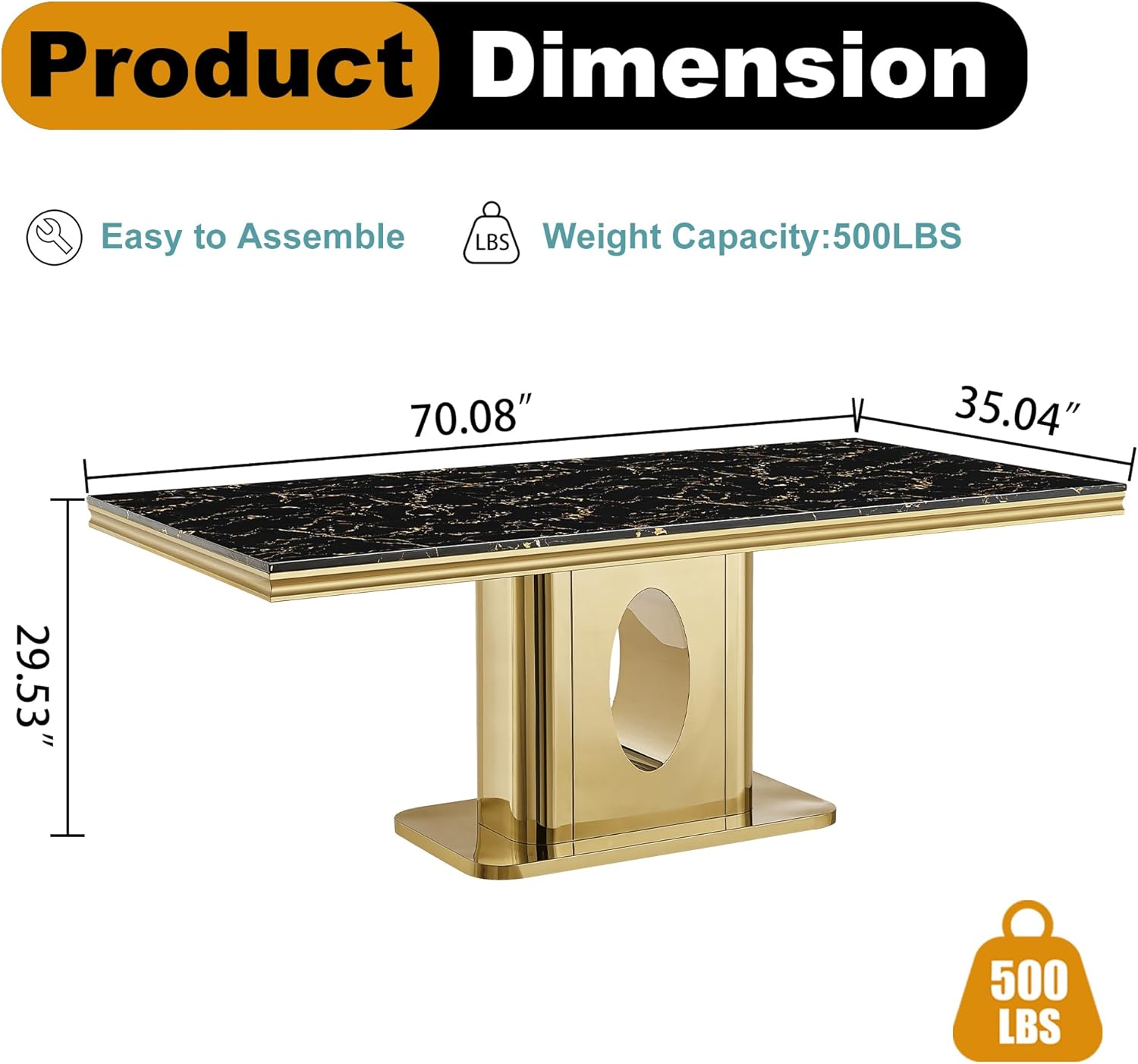 Luxurious 70" Marble Dining Table with Black Faux Marble Top and Gold Holes-Shape Base Stainless Steel Base, Rectangular Kitchen Table for 4-6, Dining Room, Kitchen, Easy to Clean