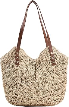 DKIIL NOIYB Straw Shoulder Bag For Women, Large Straw Bags Weave Handmade Handle Tote Bag Summer Beach Straw Handbags Bohemian Crossbody Bag
