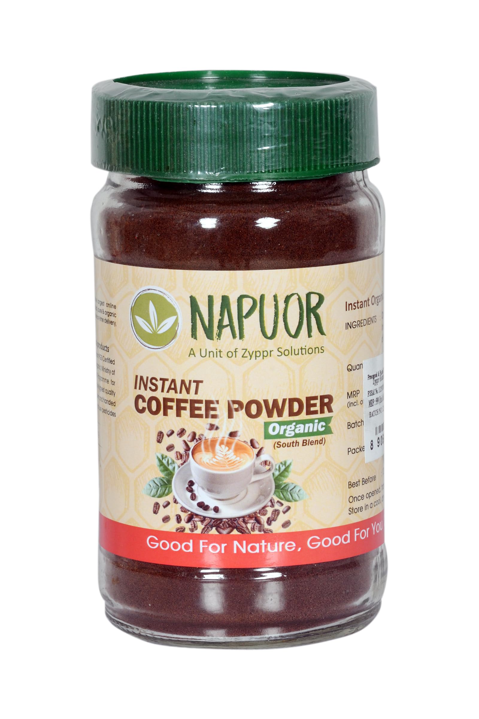 NAPUOR Organic Instant Coffee Powder(250Gm)|Certified Organic|Spraydried|Quality Arabica Beans|No Added Sugar South Blend|Glass Bottle|PERFECTLY ROASTED