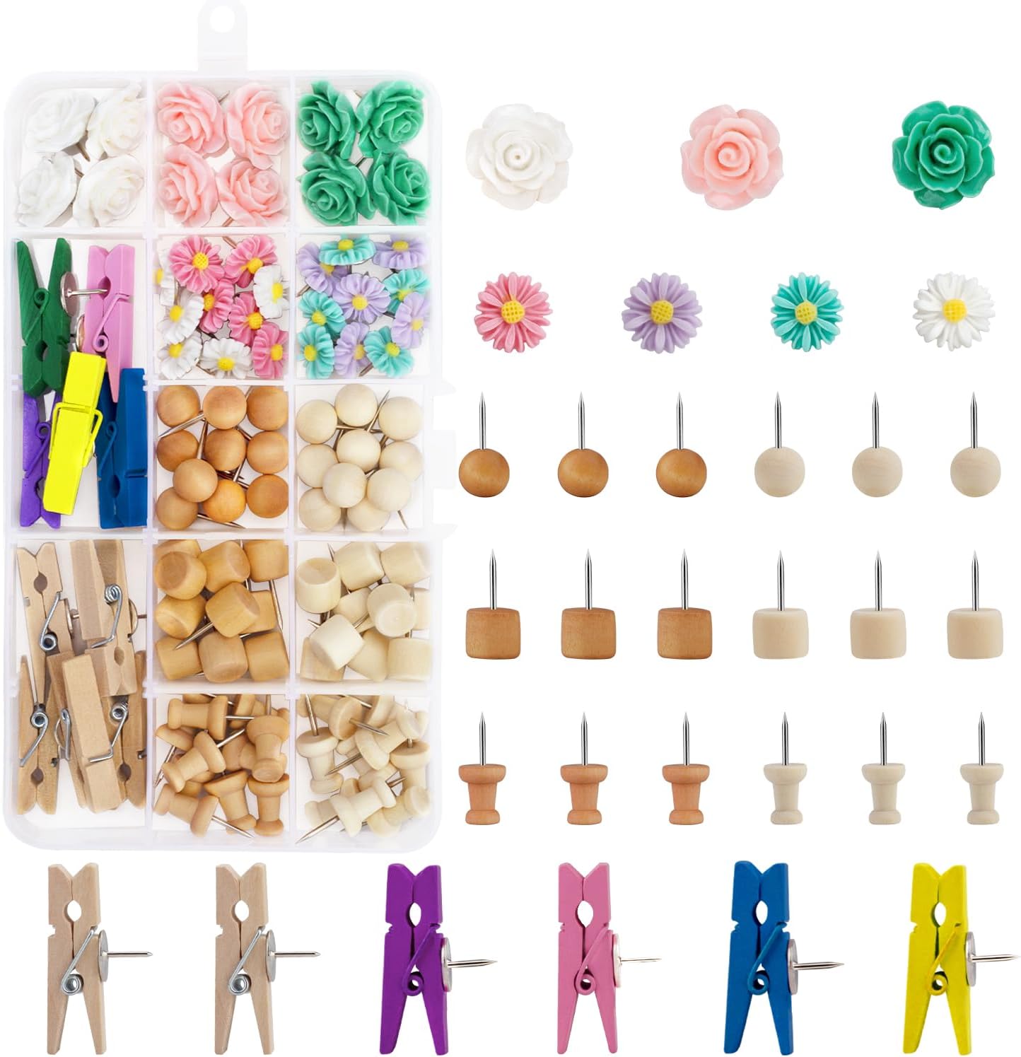 102 PCS Wooden Push Pins with Flower Thumb Tacks Decorative Vision Board Bulletin