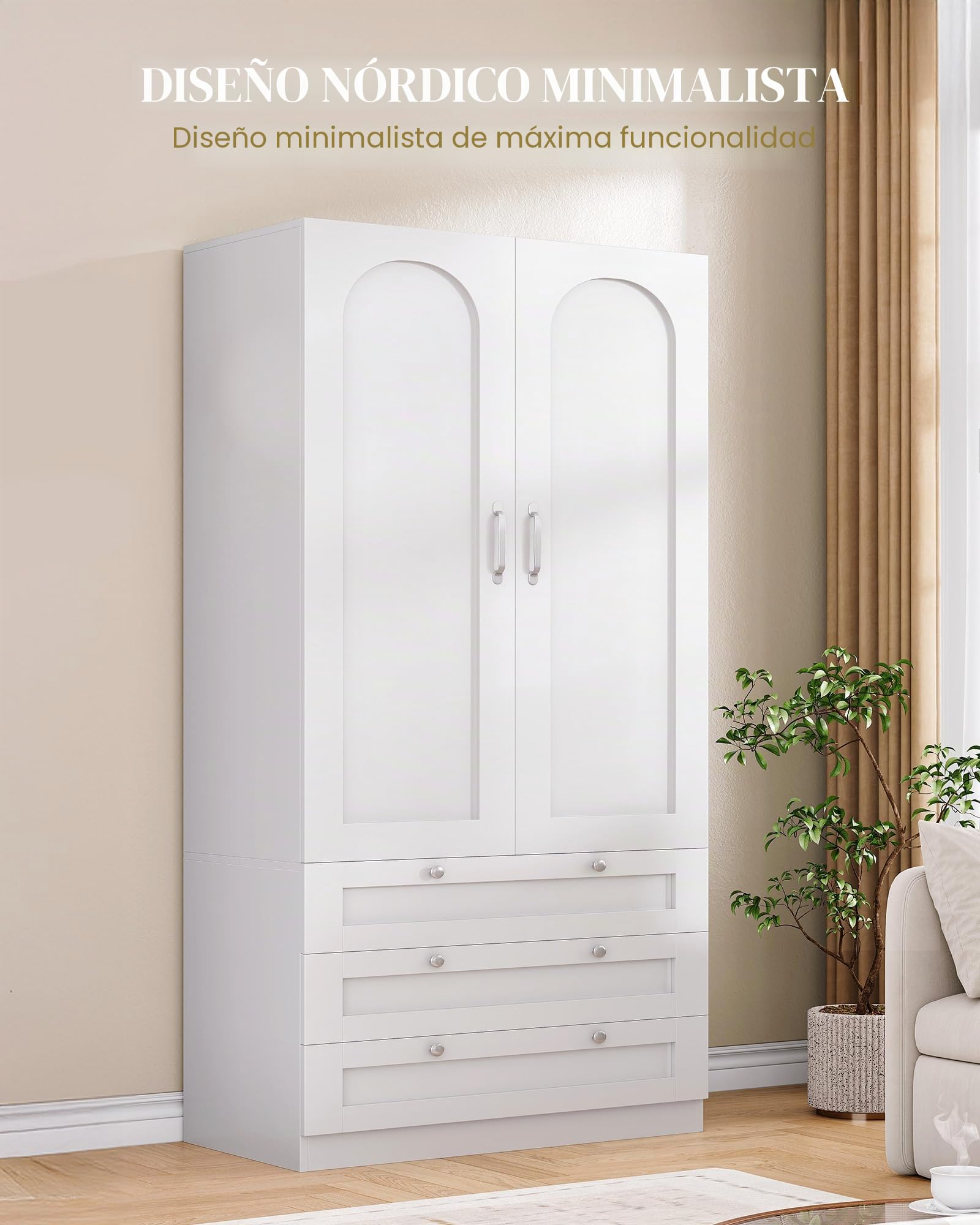 Hzuaneri Armario de 2 Puertas, 50 x 80 x 180 cm, Armarios Dormitorio con 3 Cajones y Perchas, 2 Estantes y Ganchos en Los Laterales de Las Puertas, Estilo Moderno y Minimalista, Blanco BW08803E