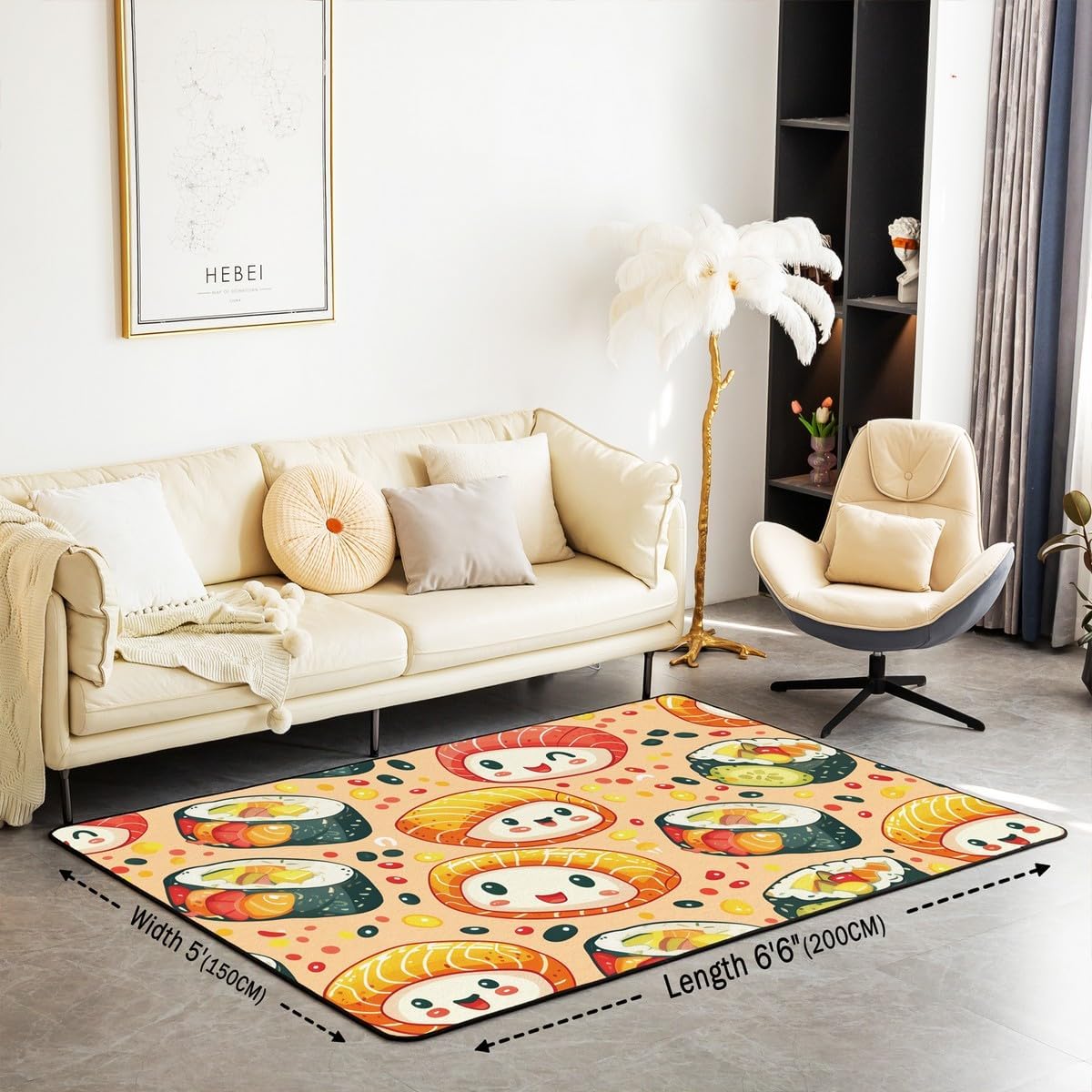 Erosebridal Sushi Cartoon Carpet 5x7, Cute Food Theme Area Rug, Japanese Style Kawaii Indoor Floor Mat, Orange Decorative Accent Rug for Kids Girls Teens for Bedroom, Living Room, Bedside Classroom
