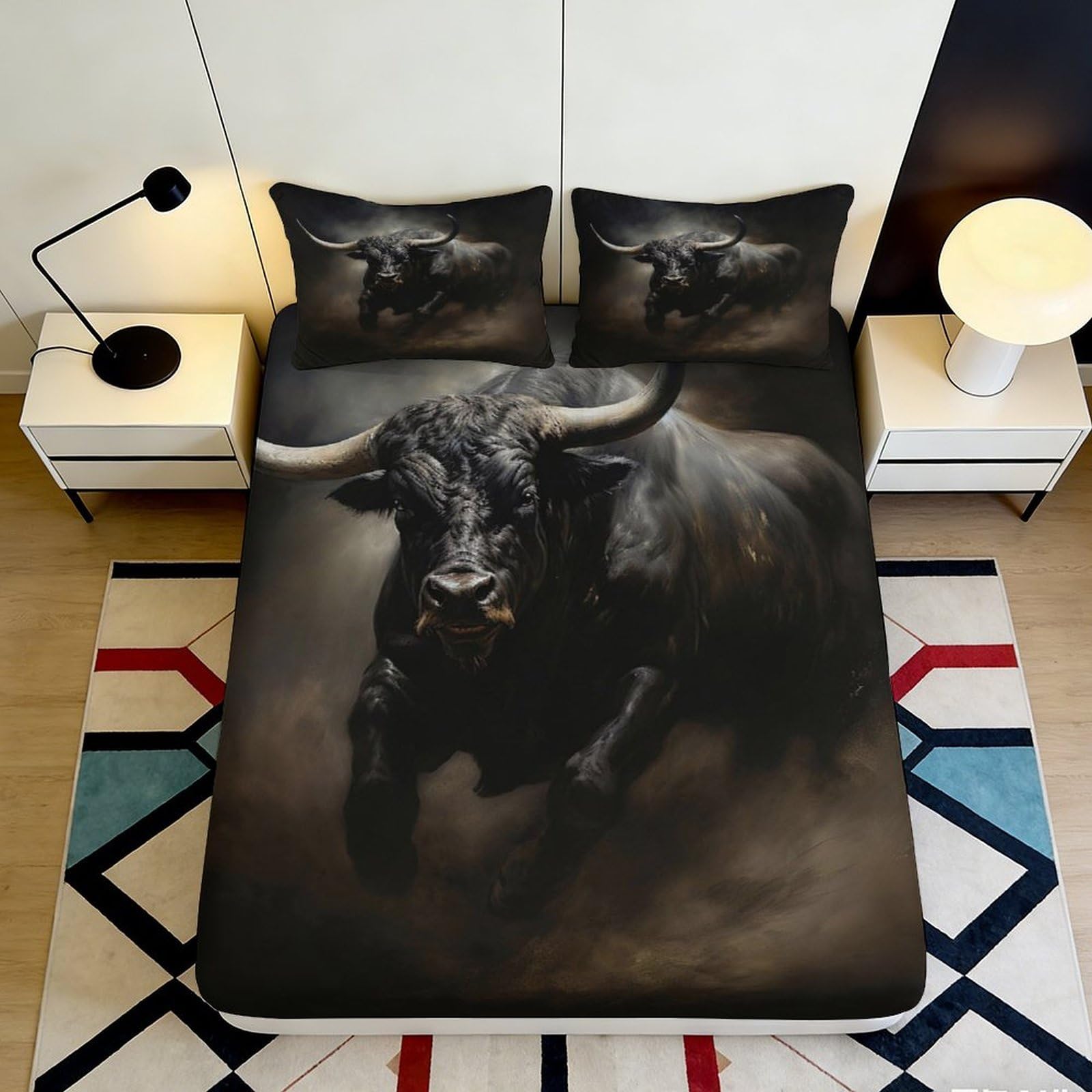 Uynsixtme Style-2 3D Printed Black Bull Fitted Sheet Microfiber Deep Pocket Bedroom Bedding Non-Slip Bull Mattress Fitted Cover Washable For Adults 140X200x25cm