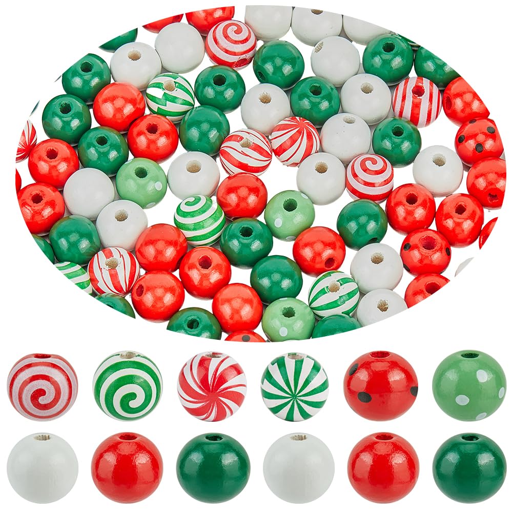 240 pz 9 stili Perline di Legno di Natale Rosso Verde Perline di Legno Assortite Verniciate Bianco Naturale Vacanze Invernali Rotonde Distanziatori Sfusi Caramelle per Braccialetti Gioielli F