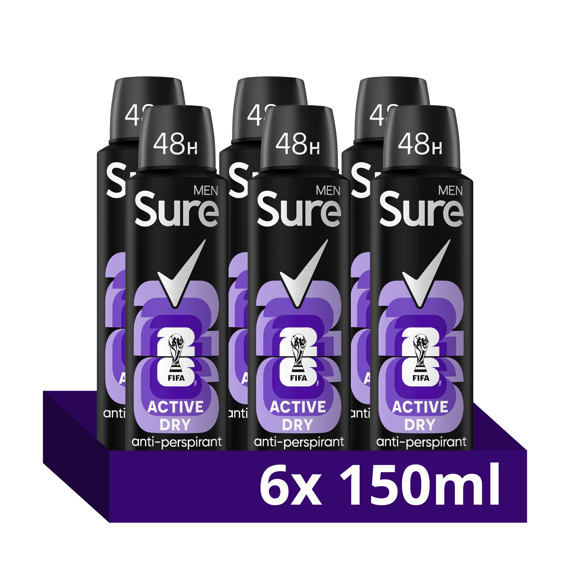 Sure Men Active Dry Deodorant Body Spray Antiperspirant with MotionSense technology for 48 hour protection against sweat and odour 150 ml, Pack of 6