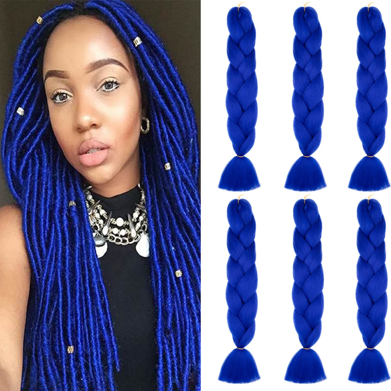 Cybelleza 60cm Extensiones para Trenzas Africanas Extensiones de Pelo Sintético para Trenzas Africanas 6PCS Ombre Braids Extensiones de Cabello Trenzado Postizas, Azul zafiro