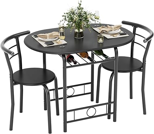 Miniatura 11 de Flamaker Mesa de comedor para 2, juego de mesa redonda y sillas de 3 piezas, mesa de cocina pequeña para desayuno, mesa de grano de madera y estante