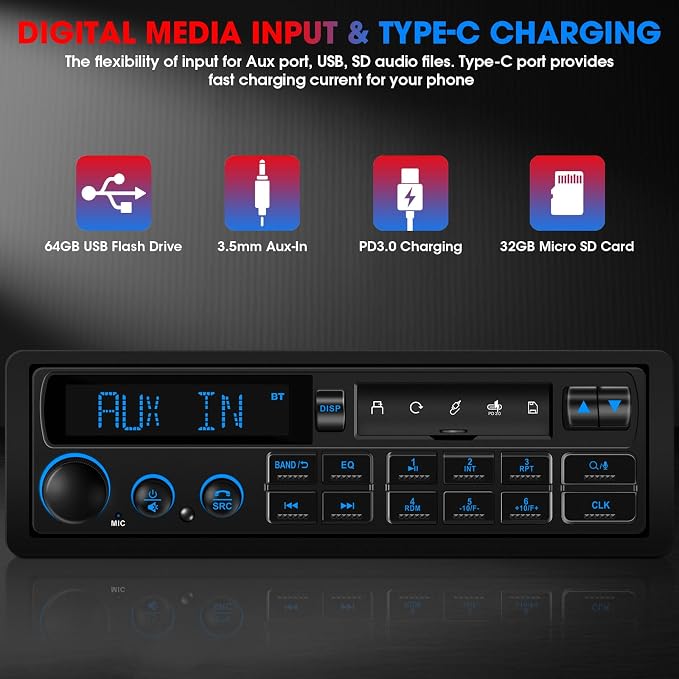 Radio Retro para Auto Single Din con Bluetooth y USB miniatura 5