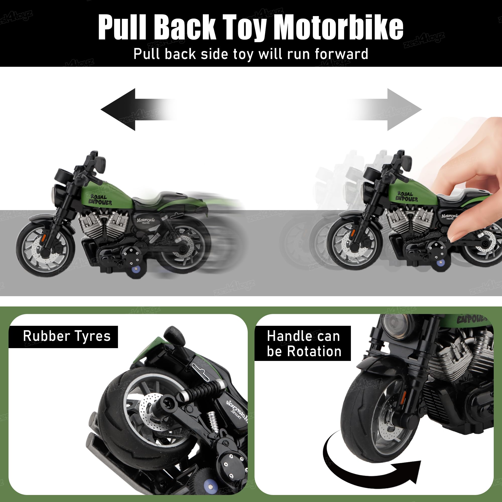 Zest 4 Toyz Die-cast Alloy Motorbikes for Kids 1:14 Scale Alloy Model Bikes Pull Back Toys Suitable for 3+ Years Boys and Girls Multicolor (Pack of 1) - Image 4 thumbnail