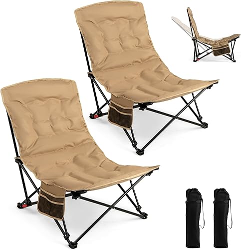 Goplus Silla de camping plegable portátil, silla acolchada de 4 posiciones para exteriores con soporte de 500 libras, bolsillo lateral y bolsa de