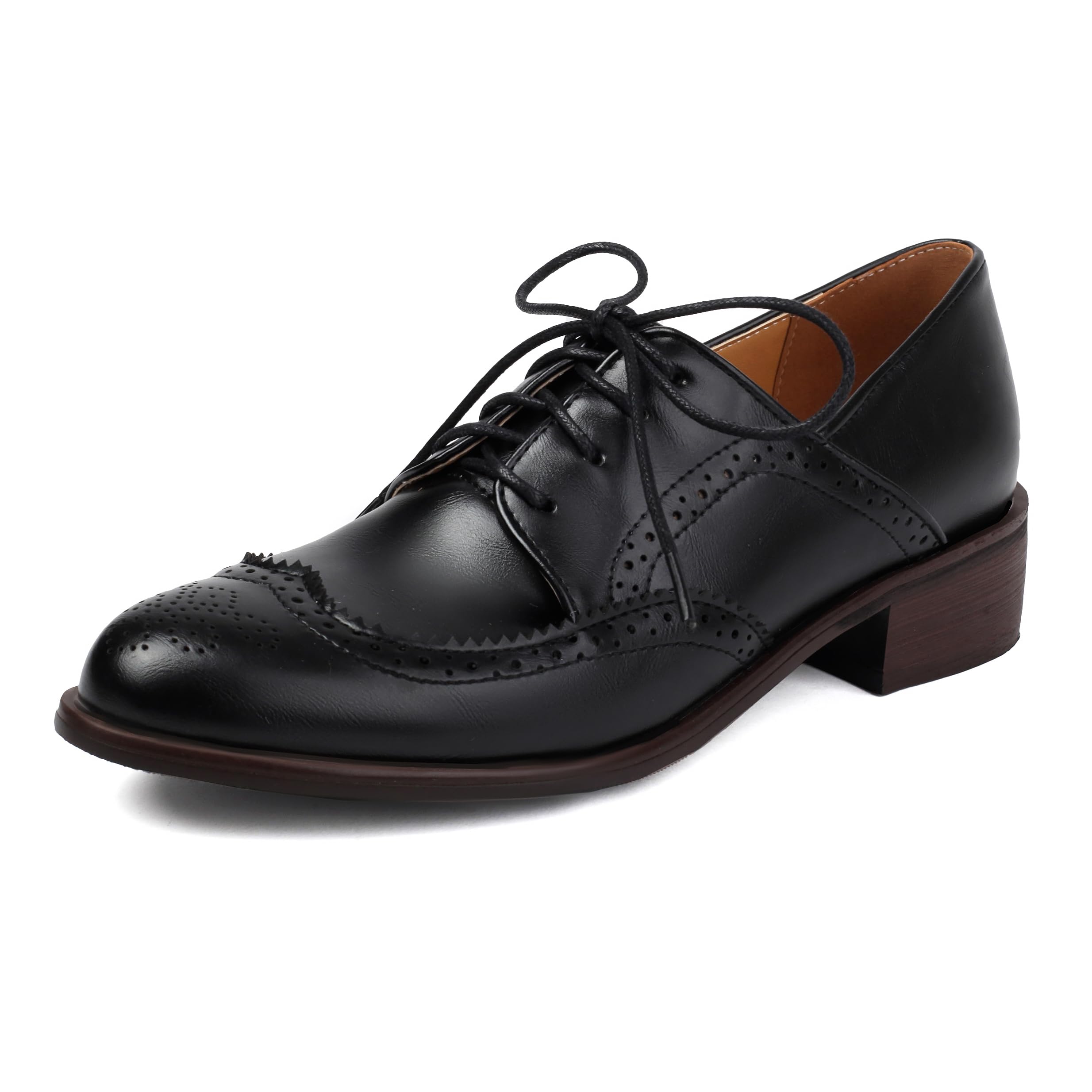 Womens Oxford Low Heels Comfortable Brogue Wingtip Business Formal Shoes Dress Vintage Lace Up Flat Round Toe Pumps
