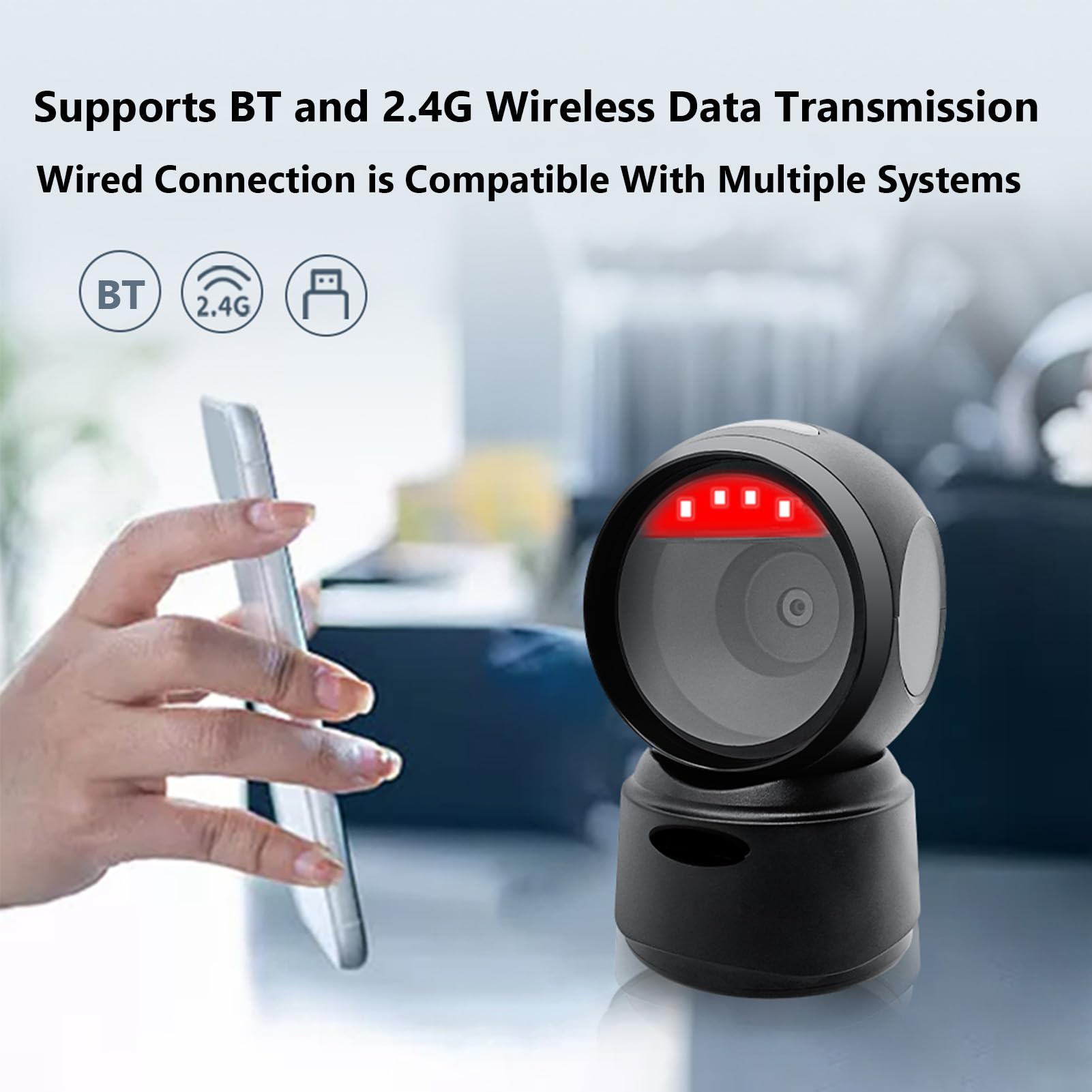 Lettore di Codici a Barre Desktop Wireless, Lettore di Codici a Barre Vivavoce Multi-prompt con Luce LED BT 5.0 con Scanner QR Desktop, Tecnologia Scansione QR