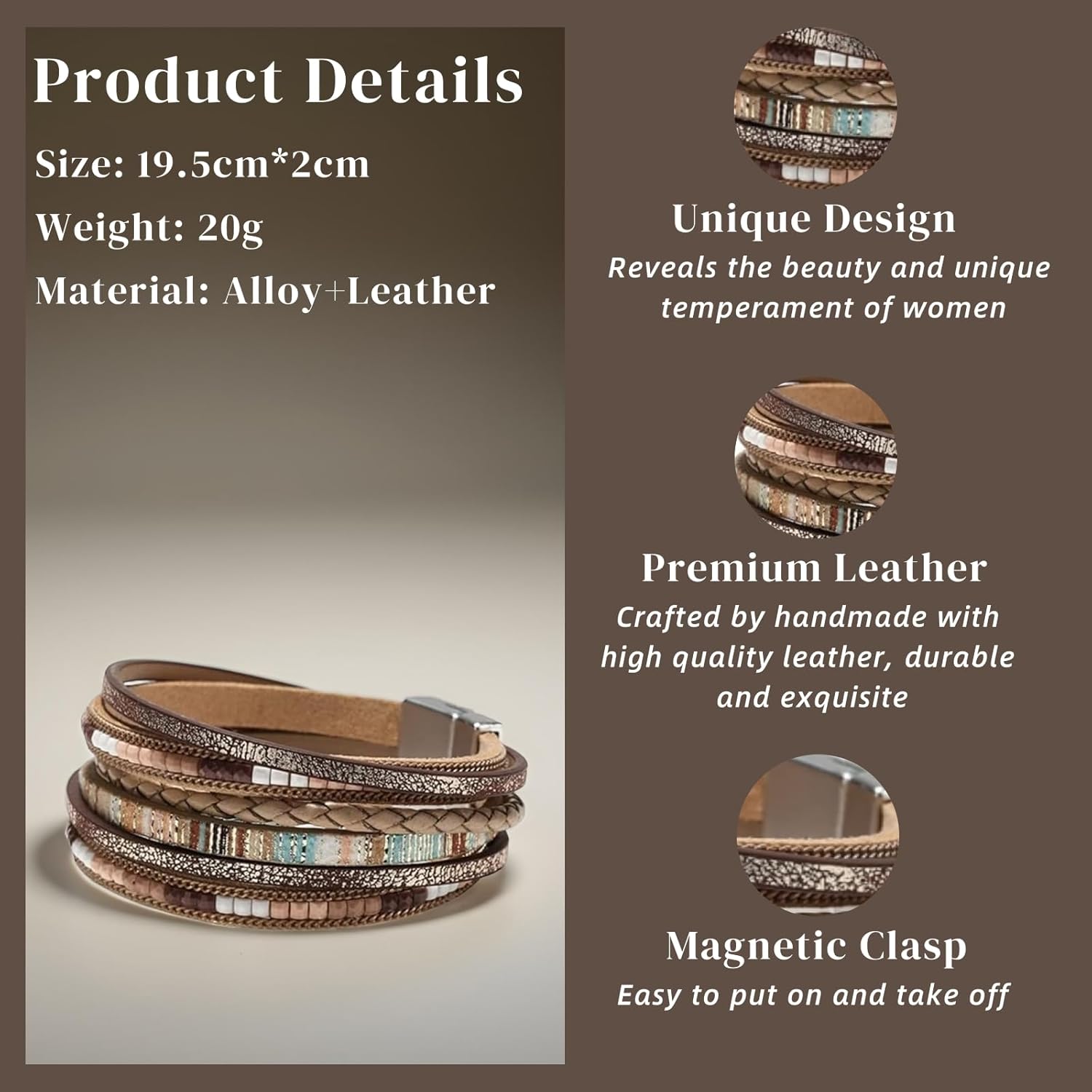 Leather Wrap Bracelets for Women,Leopard Boho Bracelet Multi-Layer Cuff Bangle Western Jewelry - Image 5